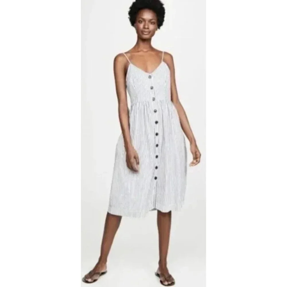 Striped Button-Front Spaghetti Strap Midi Dress - White/Black